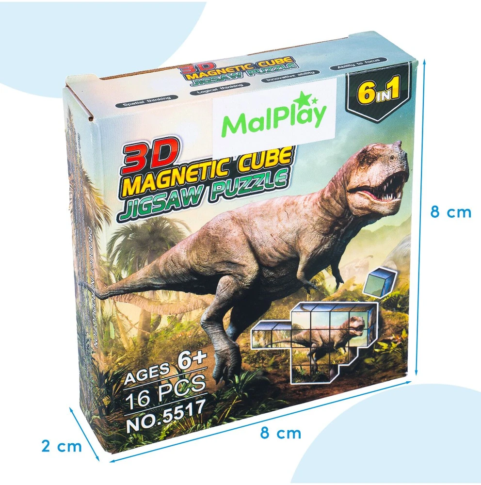Malplay Magnetiniai 3D dėlionės kubeliai, dinozaurai, 16 detalių vaikams