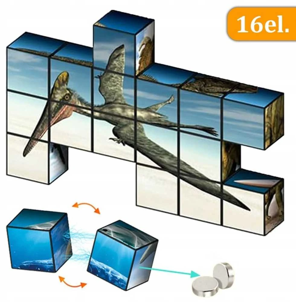 Malplay Magnetiniai 3D dėlionės kubeliai, dinozaurai, 16 detalių vaikams