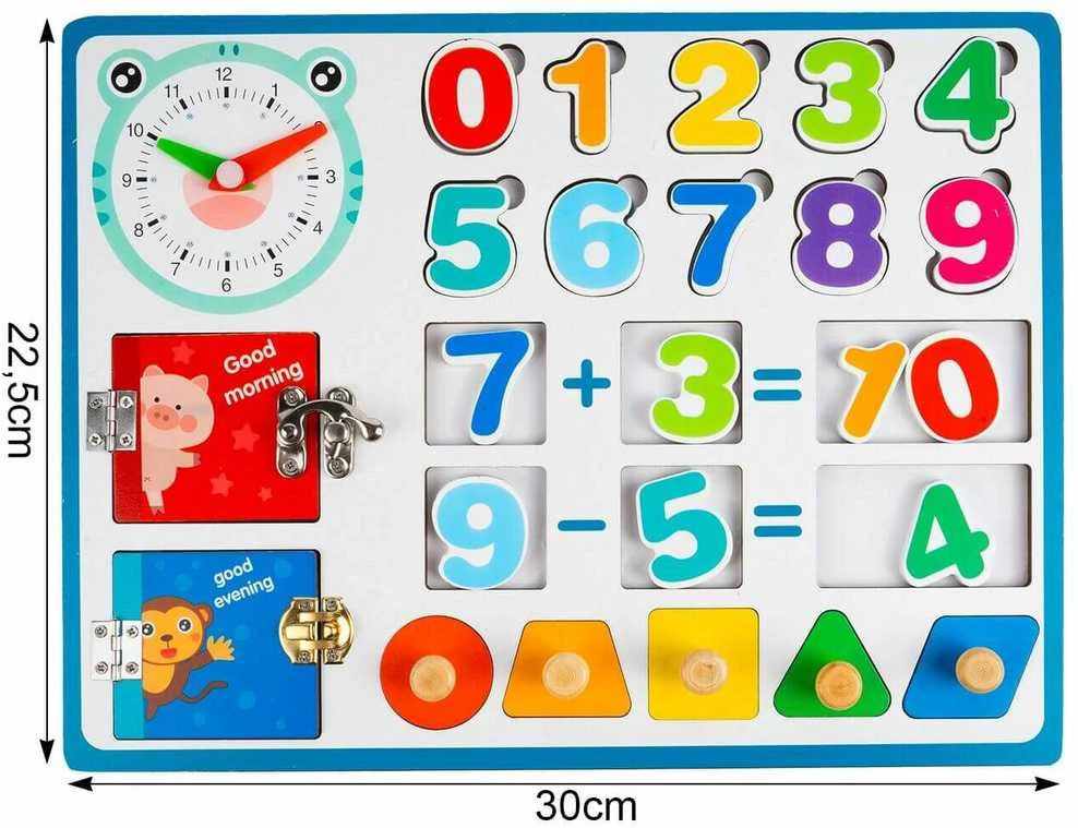 Malplay Medinė manipuliacinė mokomoji lenta matematikos skaičiai, laikrodis