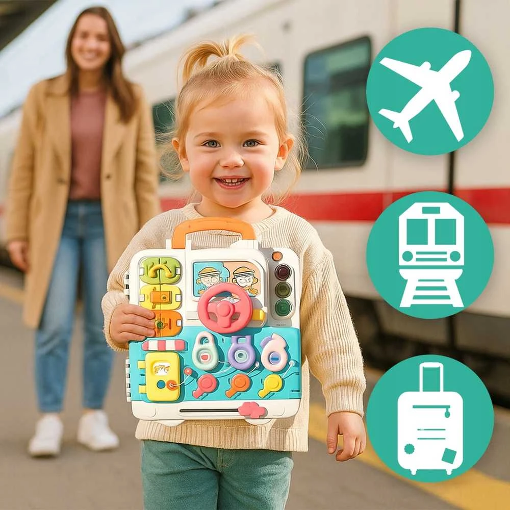 Malplay Montessori edukacinė veiklos lenta su interaktyvia sensorine panele dėkle (nuo 18 mėn.) Meškiukas