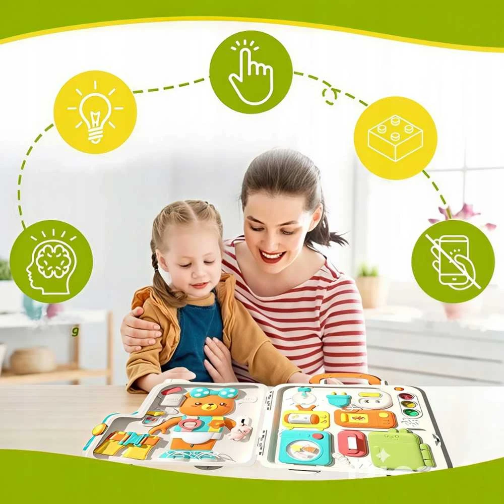 Malplay Montessori edukacinė veiklos lenta su interaktyvia sensorine panele dėkle (nuo 18 mėn.) Meškiukas