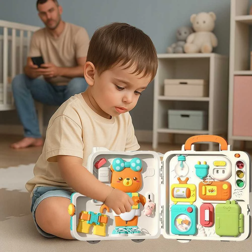 Malplay Montessori edukacinė veiklos lenta su interaktyvia sensorine panele dėkle (nuo 18 mėn.) Meškiukas