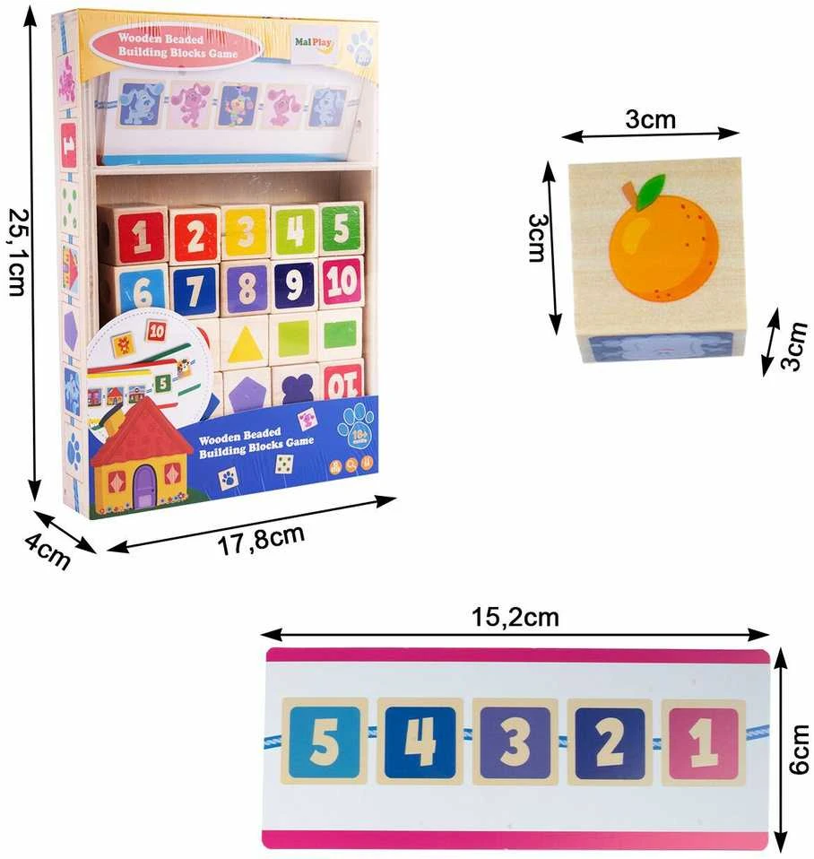 Malplay Montessori medinės kaladėlės su virvelėmis mokymuisi