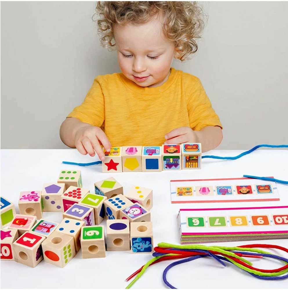 Malplay Montessori medinės kaladėlės su virvelėmis mokymuisi