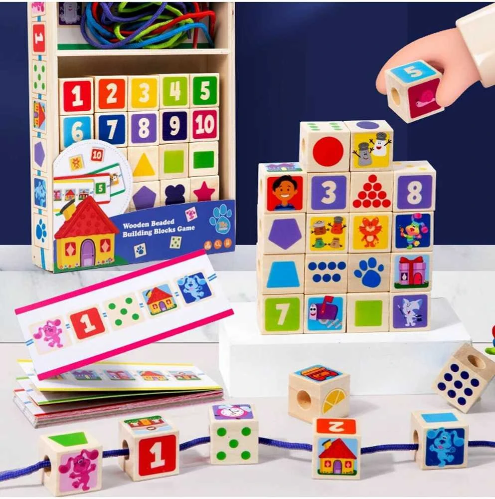 Malplay Montessori medinės kaladėlės su virvelėmis mokymuisi