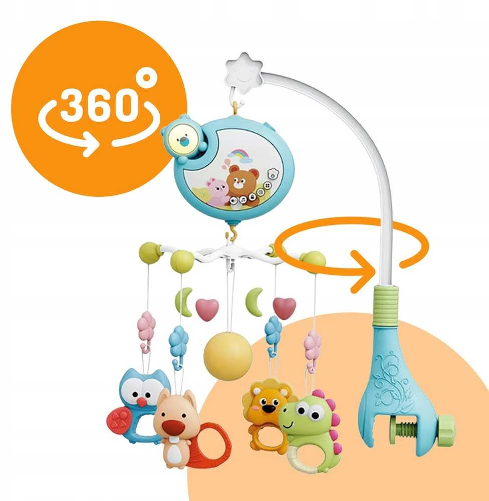Malplay Muzikinė karuselė kūdikiams, 360° su barškučiais, kramtukais, 5 melodijomis, 0+