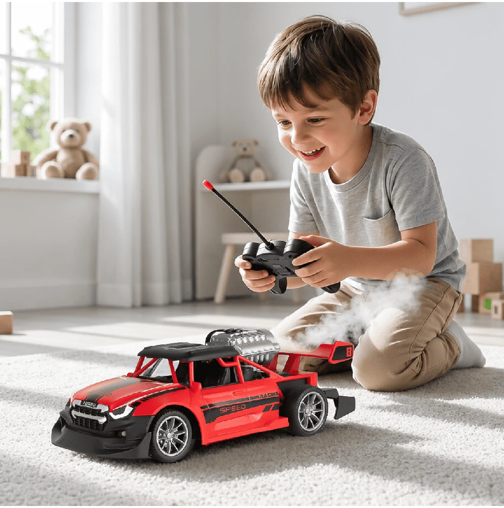 Malplay Nuotoliniu būdu valdomas automobilis su garų dūmais ir žibintais