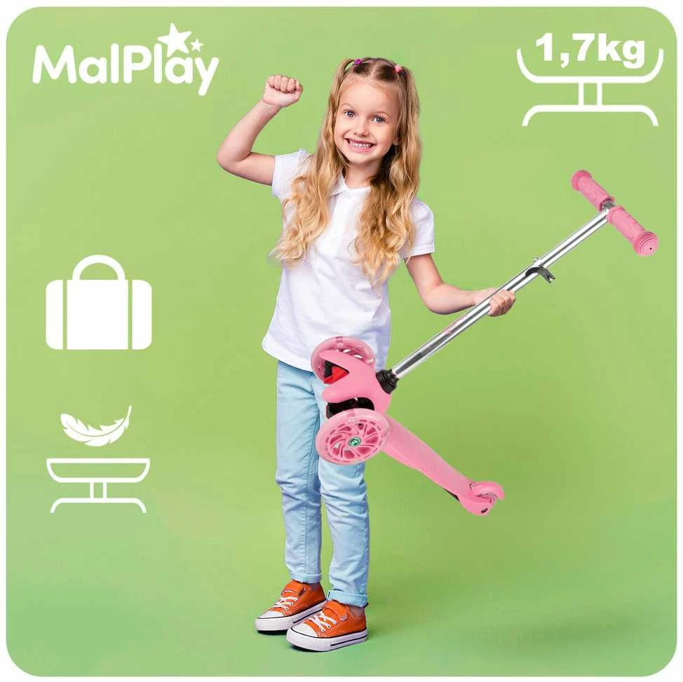 Malplay Reguliuojamu vairu triratis paspirtukas su kojiniu stabdžiu ir LED ratais, rožinis