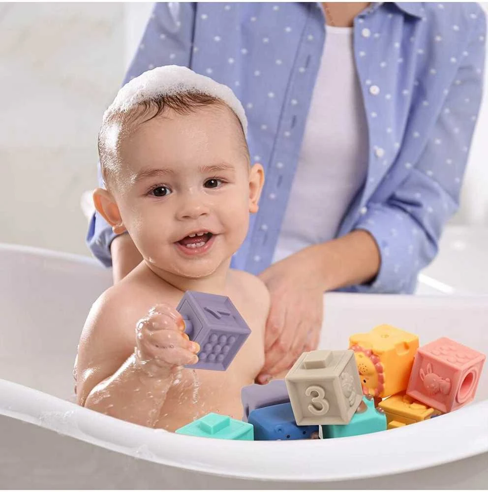 Malplay Kūdikių kaladėlės 12 vnt., jungiasi tarpusavyje, Montessori žaislai, tinka žaisti vonioje