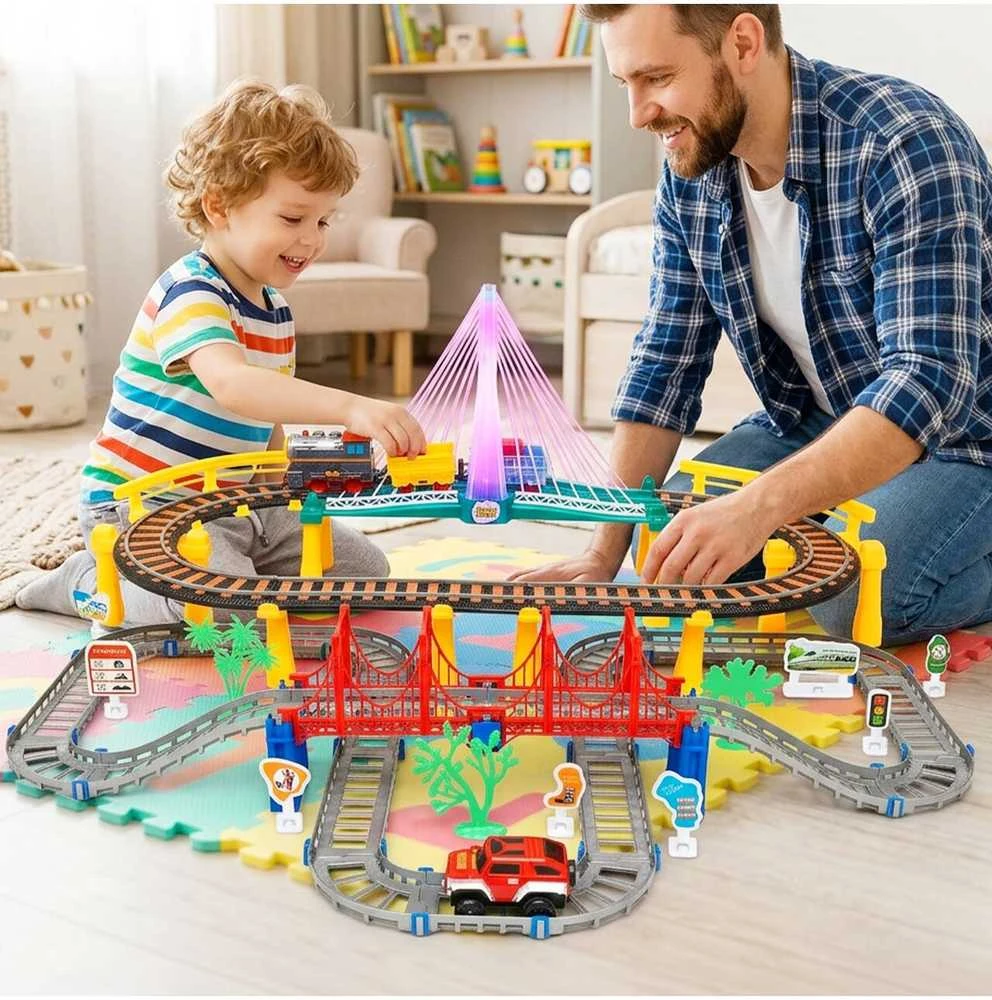 Malplay Urban Transport Track trasa su šviečiančiu tiltu– kūrybiškas žaislas vaikams (102 dalys)