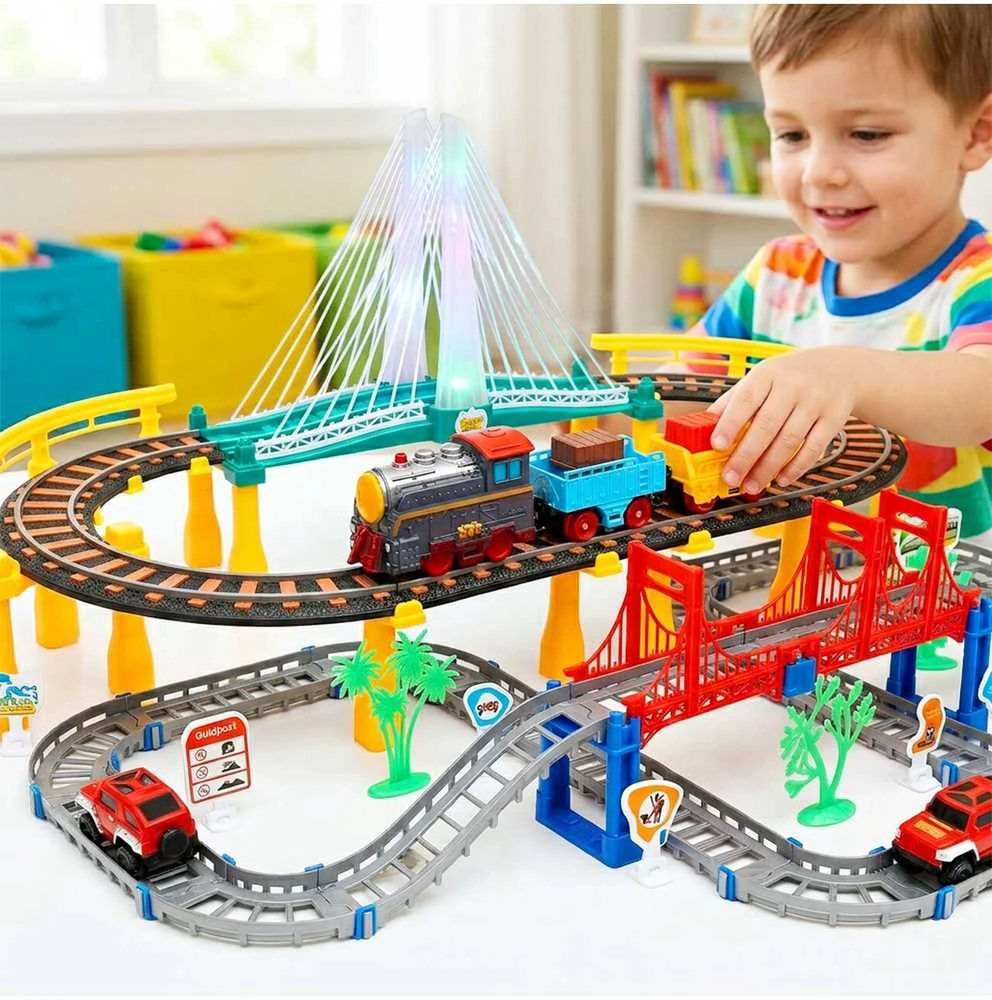Malplay Urban Transport Track trasa su šviečiančiu tiltu– kūrybiškas žaislas vaikams (102 dalys)