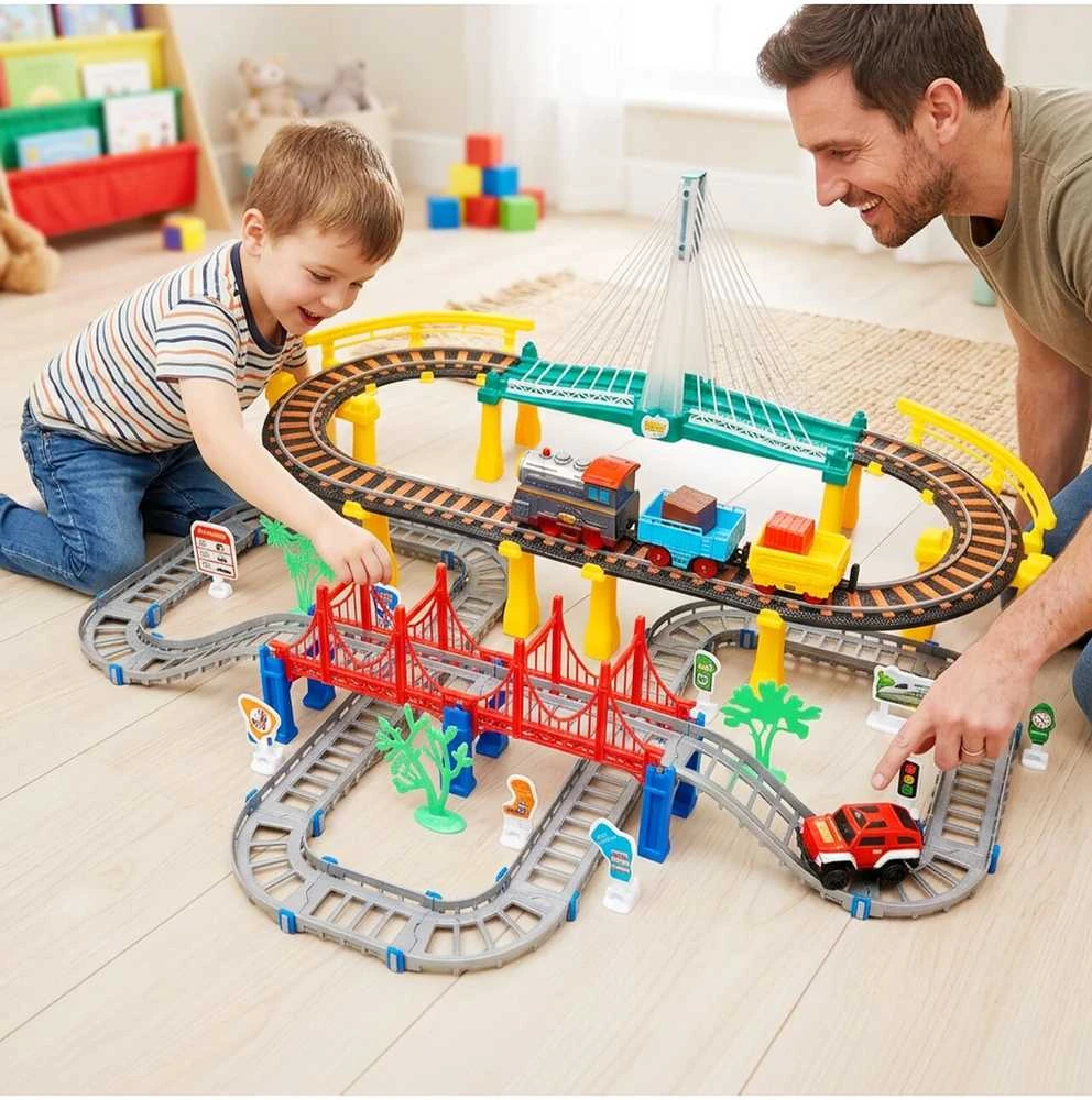 Malplay Urban Transport Track trasa su šviečiančiu tiltu– kūrybiškas žaislas vaikams (102 dalys)