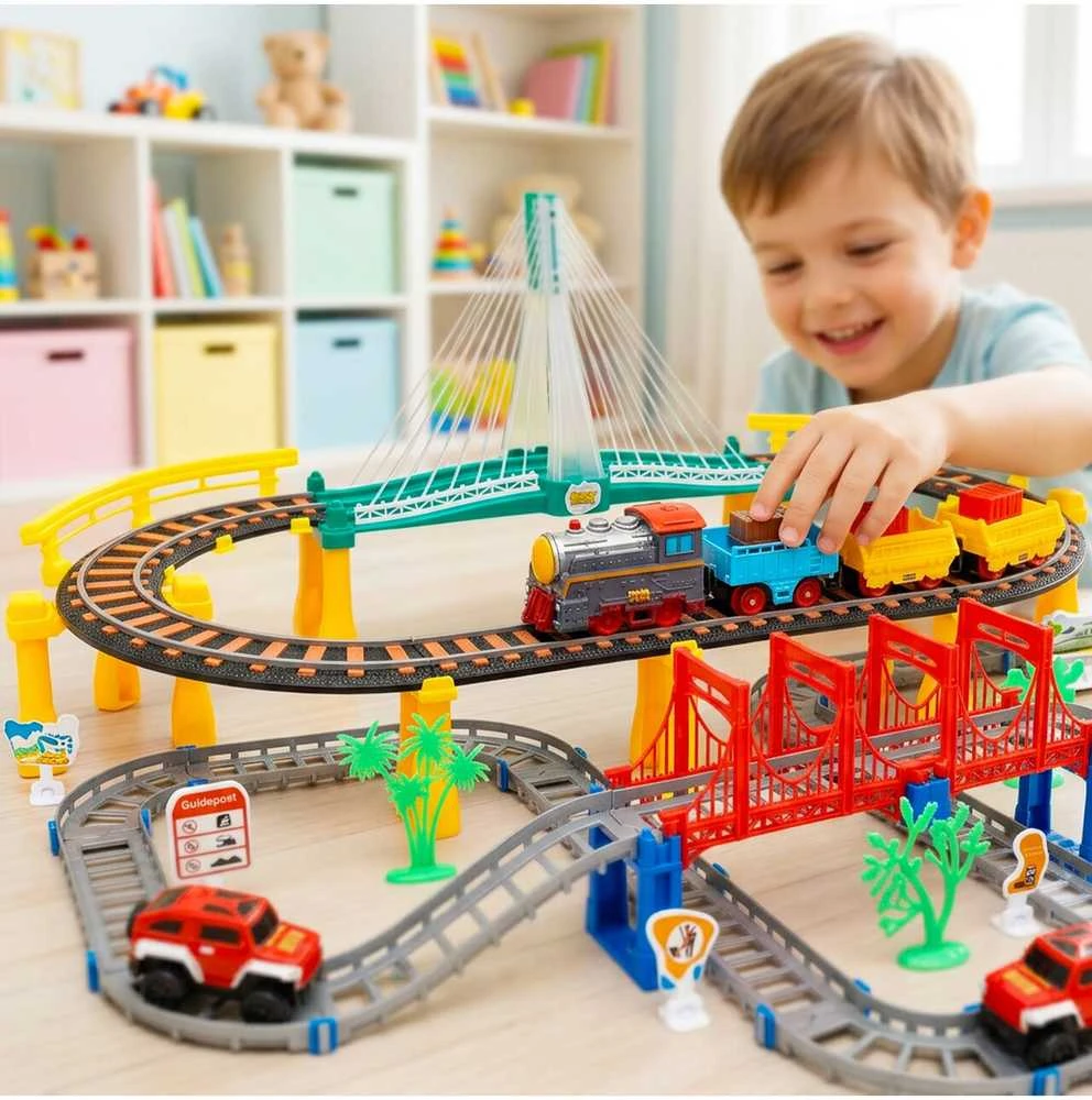 Malplay Urban Transport Track trasa su šviečiančiu tiltu– kūrybiškas žaislas vaikams (102 dalys)