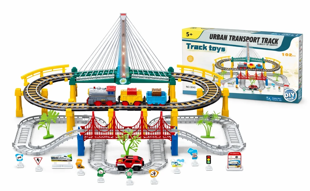 Malplay Urban Transport Track trasa su šviečiančiu tiltu– kūrybiškas žaislas vaikams (102 dalys)