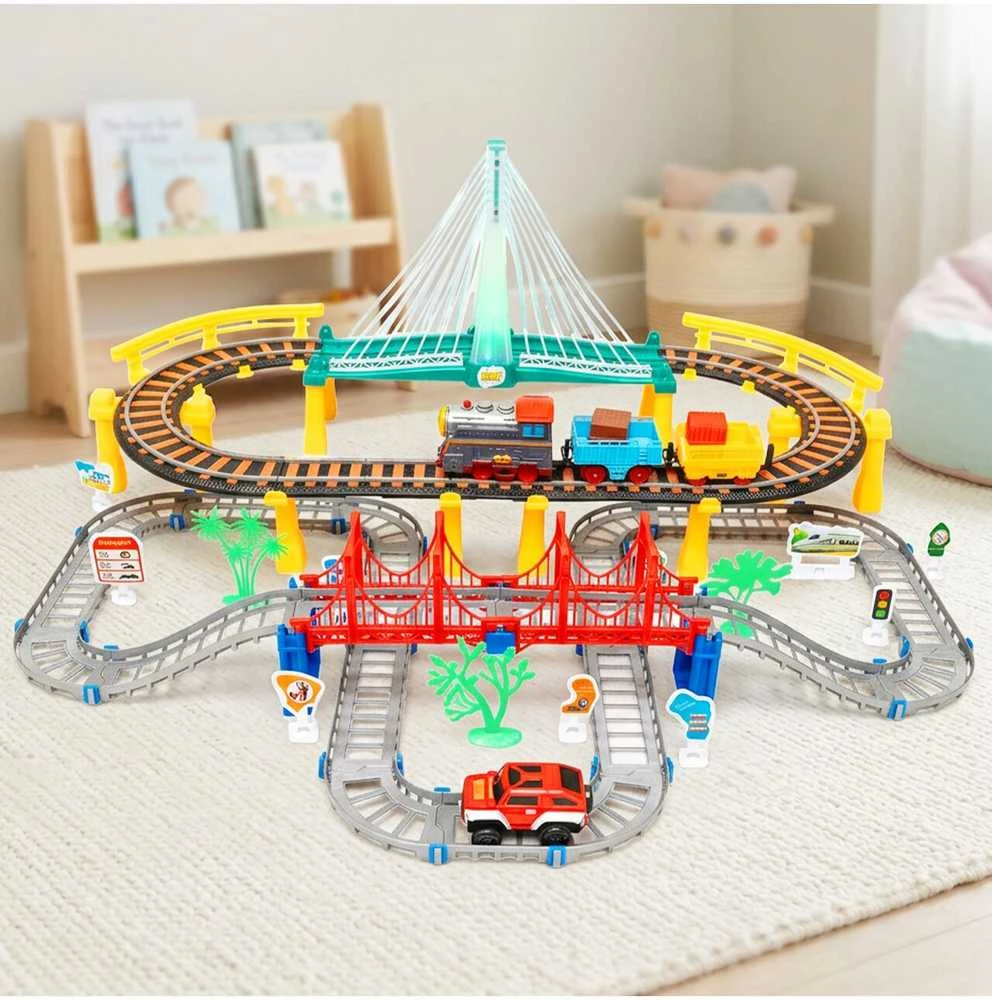 Malplay Urban Transport Track trasa su šviečiančiu tiltu– kūrybiškas žaislas vaikams (102 dalys)