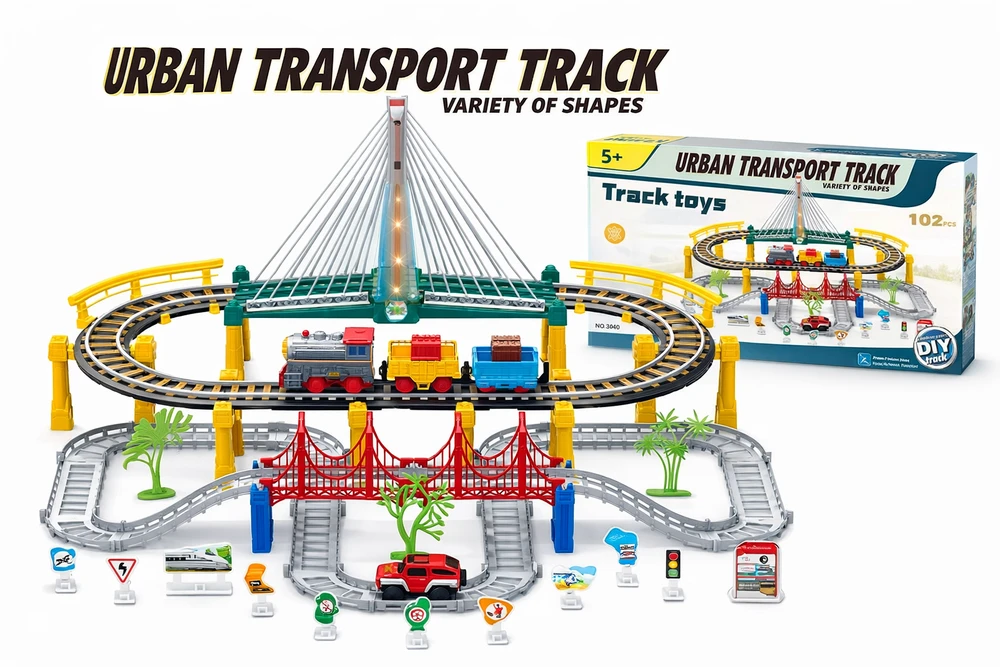 Malplay Urban Transport Track trasa su šviečiančiu tiltu– kūrybiškas žaislas vaikams (102 dalys)