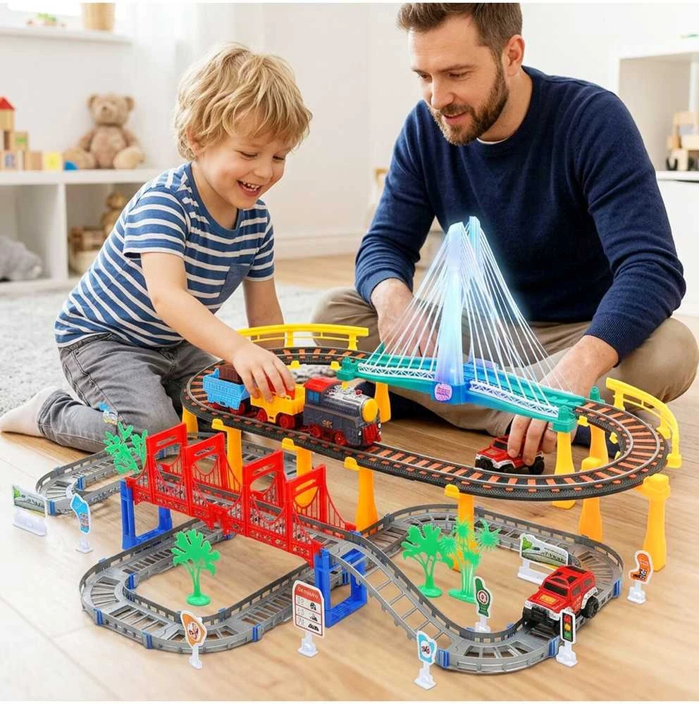 Malplay Urban Transport Track trasa su šviečiančiu tiltu– kūrybiškas žaislas vaikams (102 dalys)