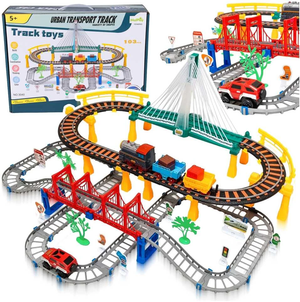 Malplay Urban Transport Track trasa su šviečiančiu tiltu– kūrybiškas žaislas vaikams (102 dalys)