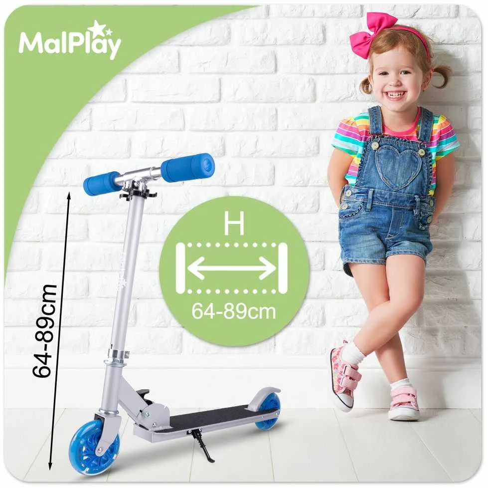 Malplay Vaikiškas sulankstomas paspirtukas su šviečiančiais mėlynos spalvos LED ratais, 70 cm