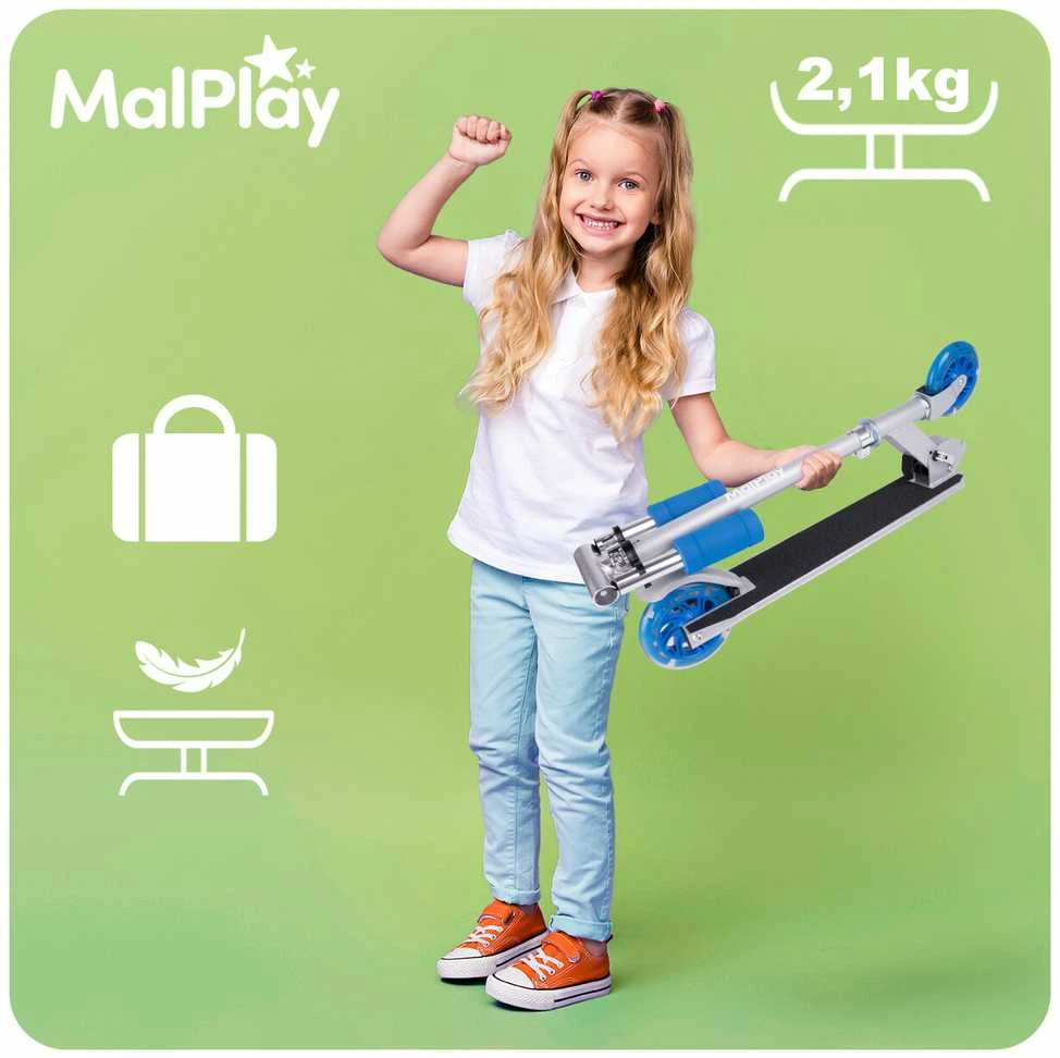 Malplay Vaikiškas sulankstomas paspirtukas su šviečiančiais mėlynos spalvos LED ratais, 70 cm