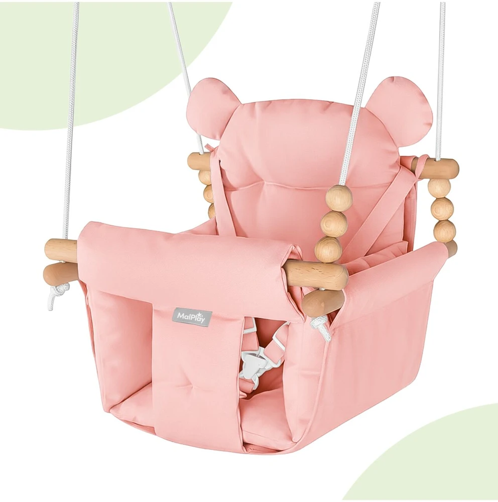 Malplay Vaikiškos medvilninės sūpynės su pagalvėlėmis ir dirželiais, 12-36 mėn., 60 kg, rožinės