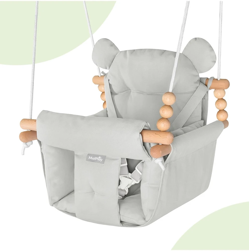 Malplay Vaikiškos medvilninės sūpynės su pagalvėlėmis ir dirželiais, 12-36 mėn., 60 kg, pilkos