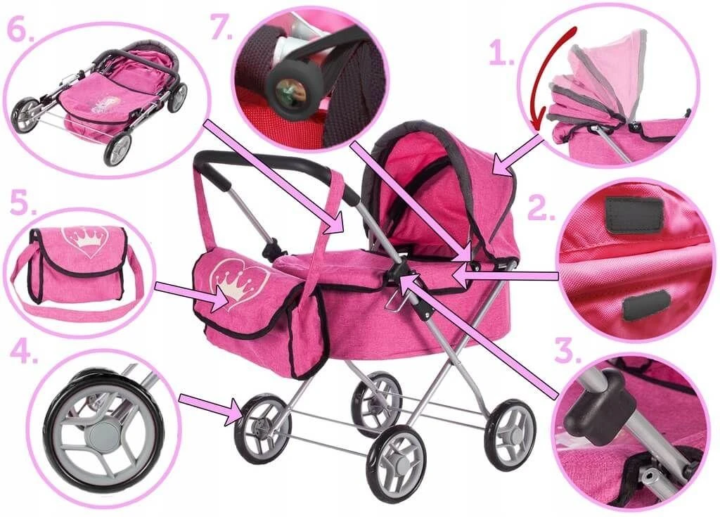 Malplay Vežimėlis lėlei su rankine, nebraižantys, tylūs ratai