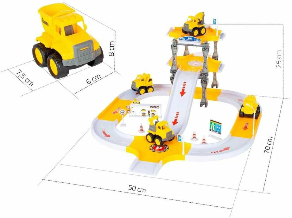Malplay Žaislinė automobilių stovėjimo aikštelė - trasa su 4 statybiniais automobiliais