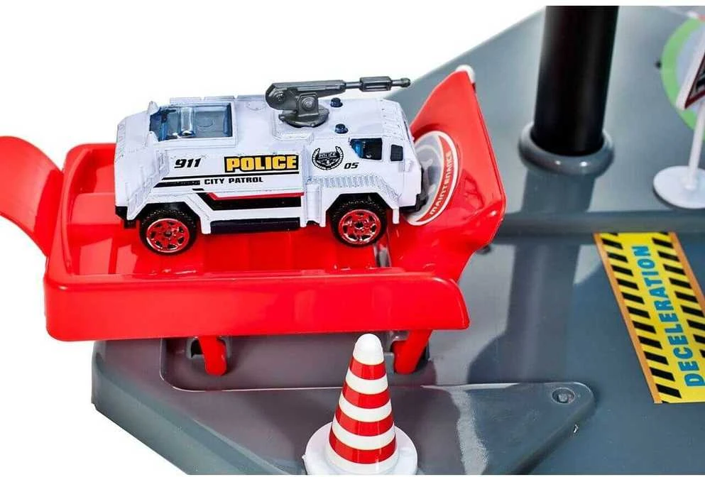Malplay Žaislinė automobilių stovėjimo aikštelė, trasa POLICE 2 aukštai, 4 automobiliai ir sraigtasparnis