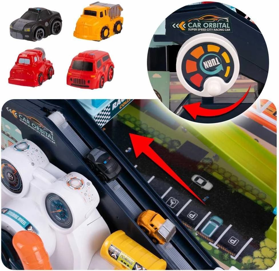 Malplay Žaislinė automobilių trasa, stovėjimo aikštelė su vairu ir 4 automobiliais