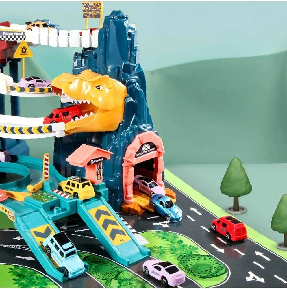 Malplay Žaislinė automobilių trasa su stovėjimo aikštele ir 4 automobiliais Dinozauras