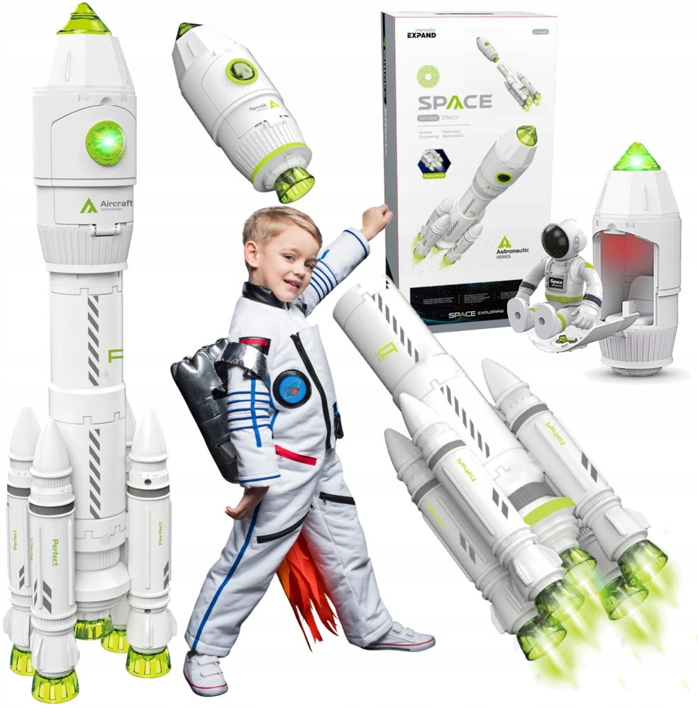 Malplay Kosminė raketa su kosmonautu ir dūmų ir šviesos efektais