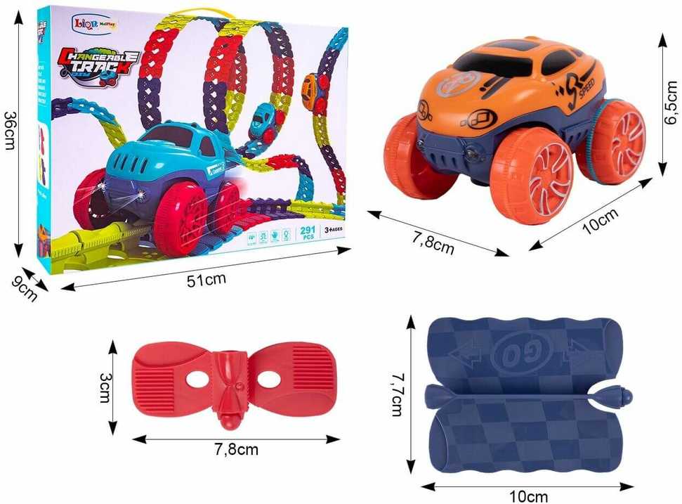 Malplay Žaislinė lanksti automobilių trasa su LED apšviečiamu automobiliu, 290 vnt