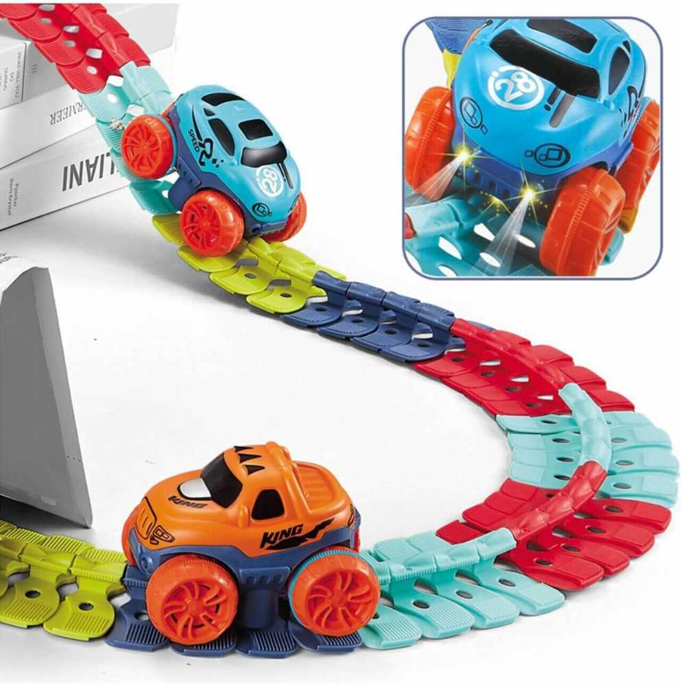 Malplay Žaislinė lanksti automobilių trasa su LED apšviečiamu automobiliu, 290 vnt