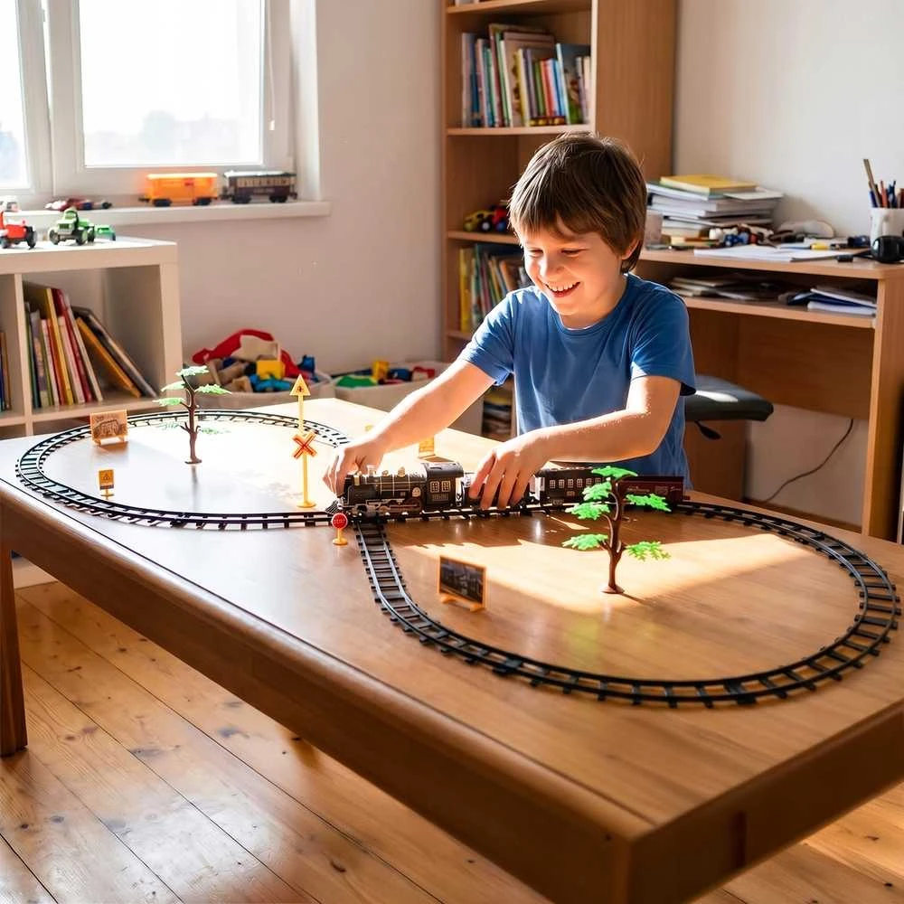 Malplay Žaislinė trasa elektrinis traukinys su 3 vagonais, dūmais ir nuotoliniu pultu, 35 el.