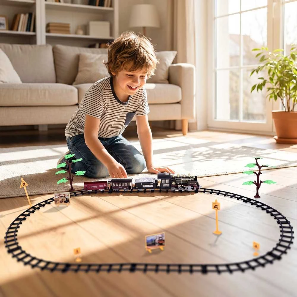 Malplay Žaislinė trasa elektrinis traukinys su 3 vagonais, dūmais ir nuotoliniu pultu, 35 el.