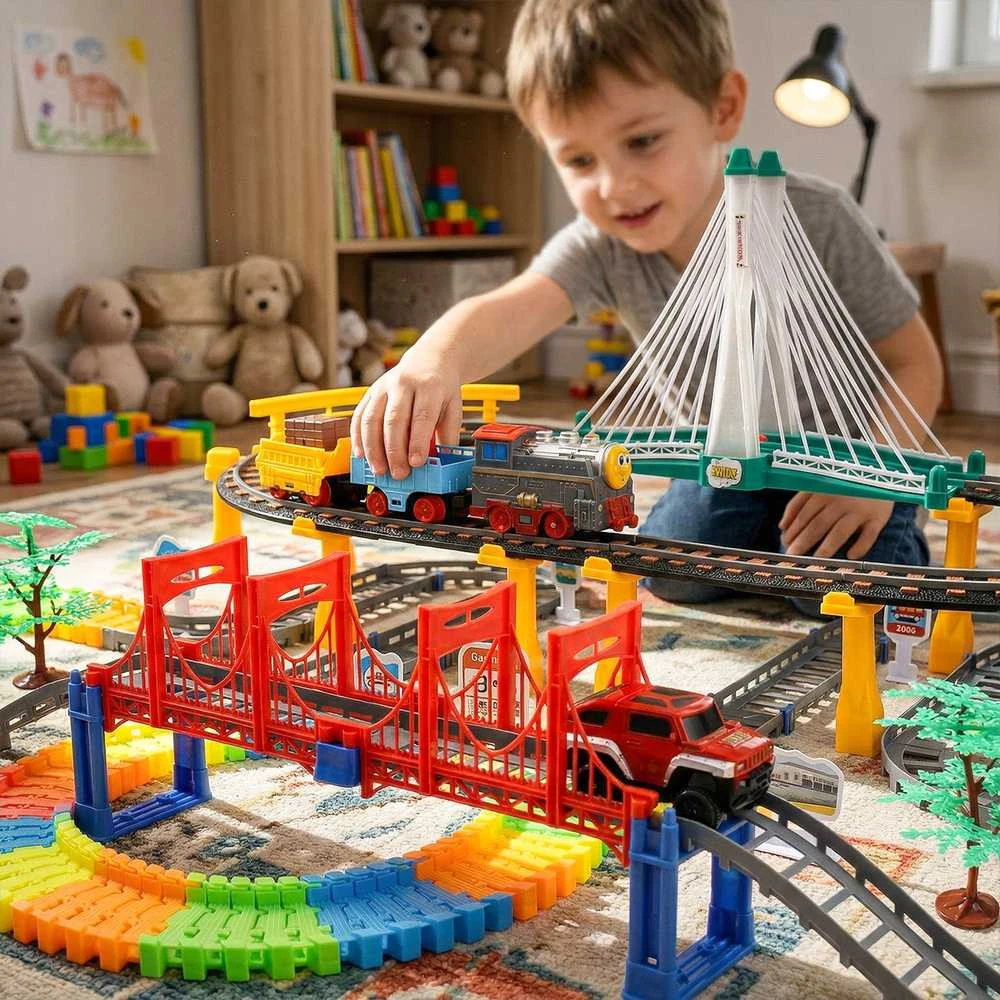 Malplay Žaislinė trasa elektrinis traukinys su tiltu, 212 vnt.