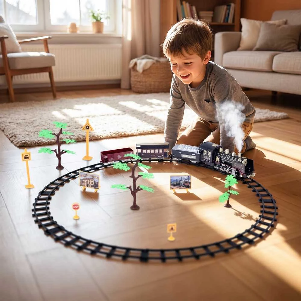 Malplay Žaislinė trasa elektrinis traukinys su 3 vagonais, dūmais ir nuotoliniu pultu, 35 el.