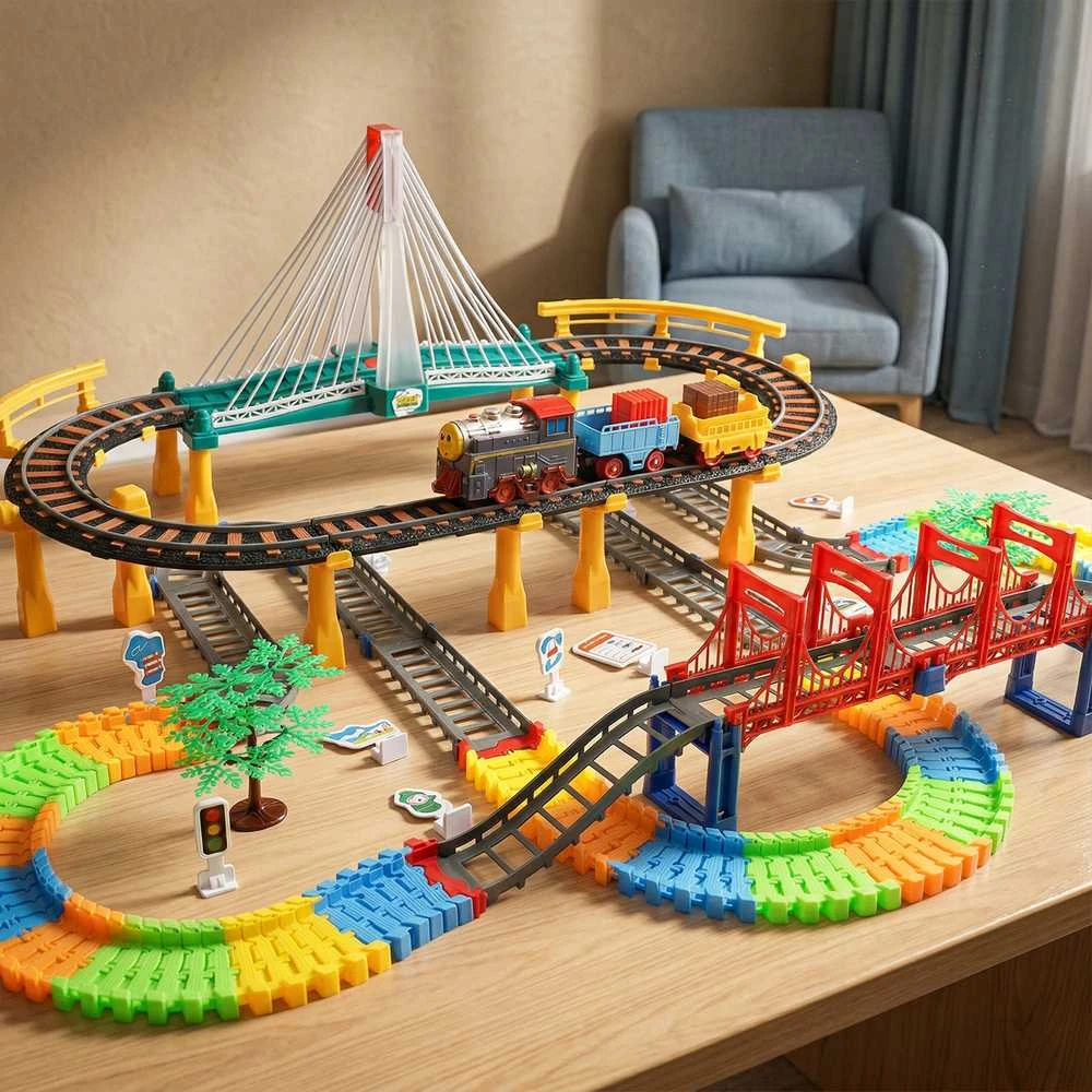 Malplay Žaislinė trasa elektrinis traukinys su tiltu, 212 vnt.