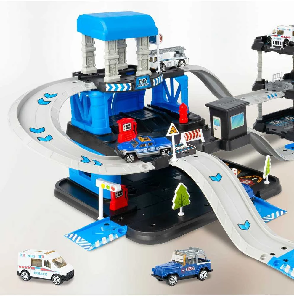 Malplay Žaislinė trasa - parkavimo komplektas + 6 metaliniai automobiliai ir sraigtasparnis