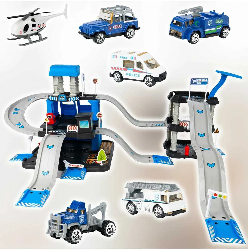 Malplay Žaislinė trasa - parkavimo komplektas + 6 metaliniai automobiliai ir sraigtasparnis