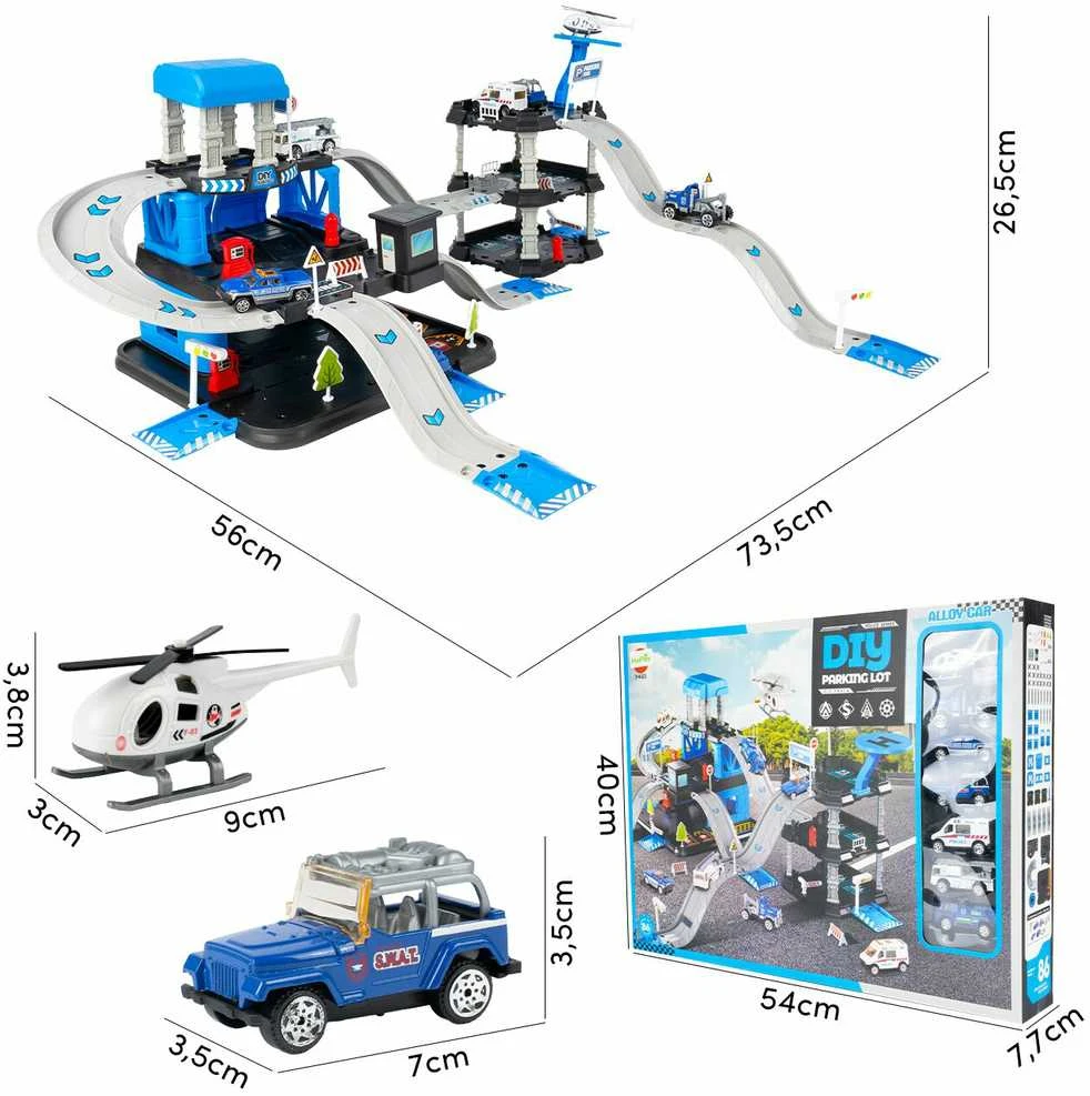 Malplay Žaislinė trasa - parkavimo komplektas + 6 metaliniai automobiliai ir sraigtasparnis