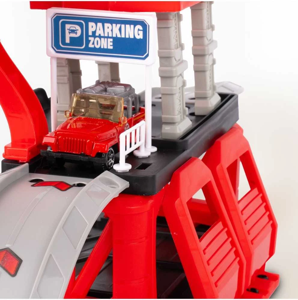 Malplay Žaislinė trasa - parkavimo komplektas + 6 metaliniai automobiliai ir sraigtasparnis