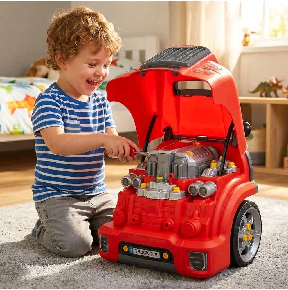 Malplay Žaislinis automobilio meistro sunkvežimio variklio išardymo rinkinys su vairavimo simuliatoriumi, garsais ir šviesomis