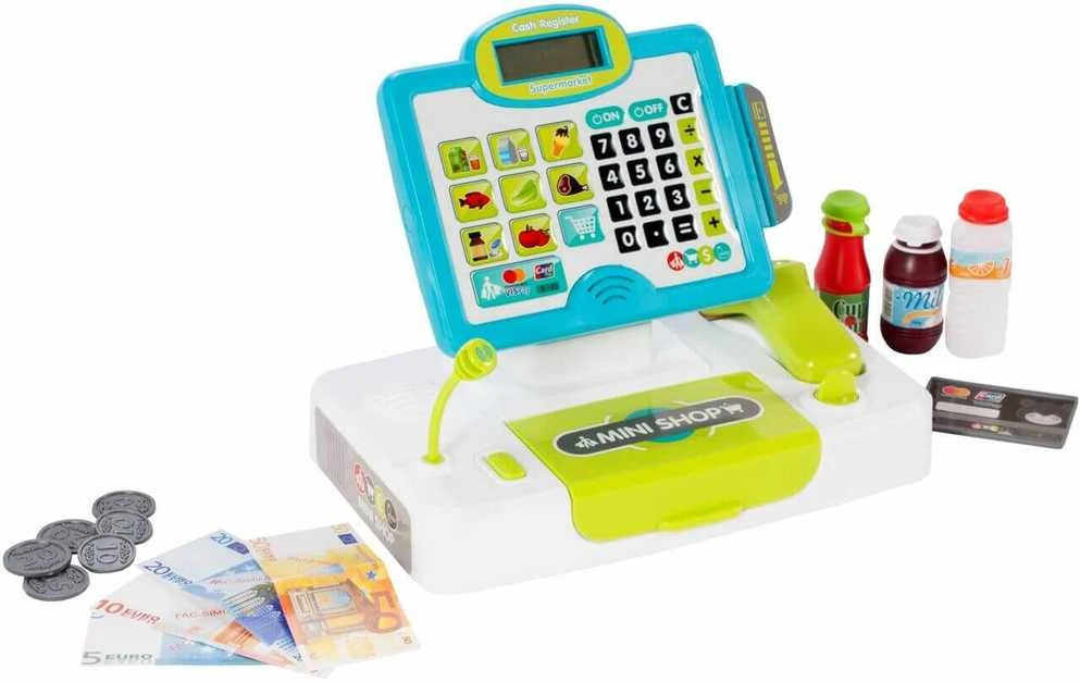 Malplay Žaislinis kasos aparatas su jutikliniu skydeliu + pirkinių krepšeliu, kortele ir produktais