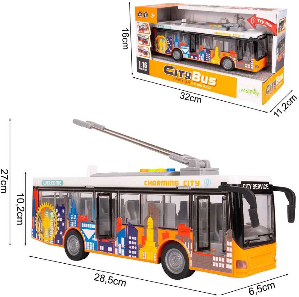 Malplay Žaislinis miesto autobusas su šviesa, garsu ir atsidarančiomis durimis