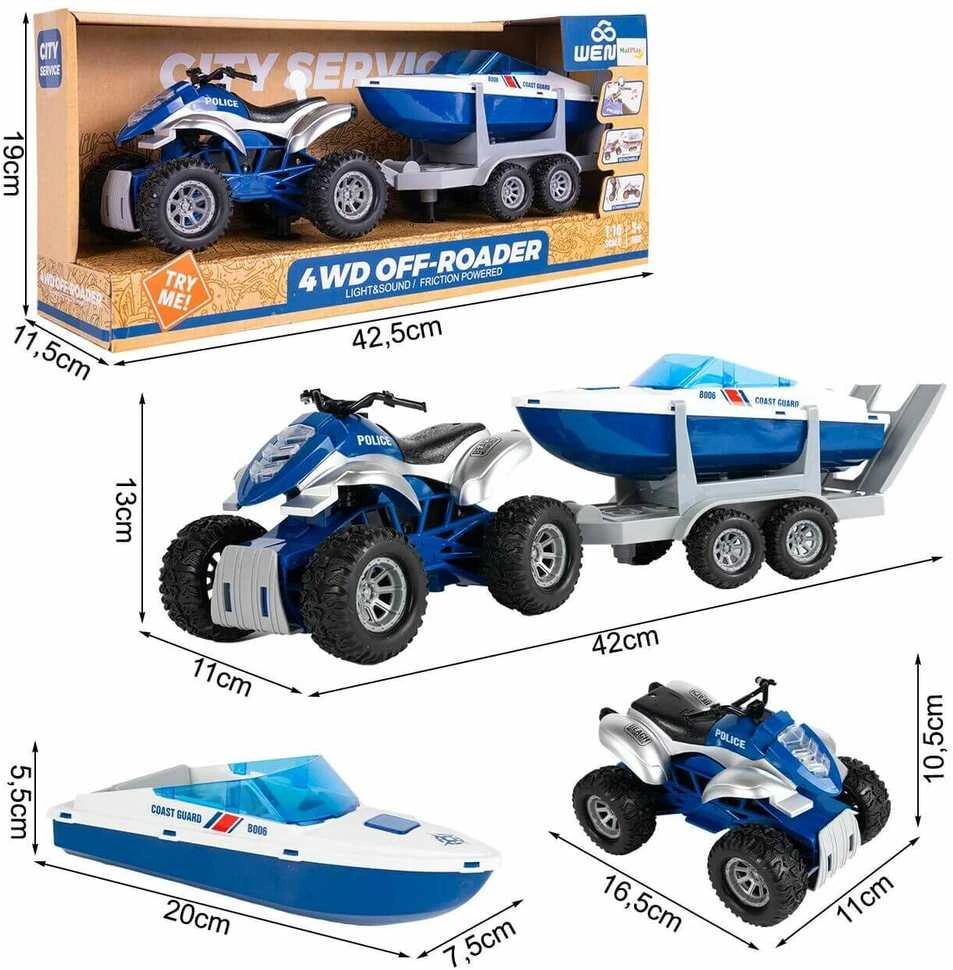 Malplay Žaislinis policijos rinkinys – keturratis + motorinė valtis 1:16