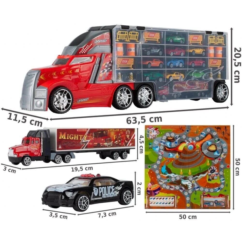 Malplay Žaislinis sunkvežimis su 10 automobilių ir stalo žaidimo kilimėliu