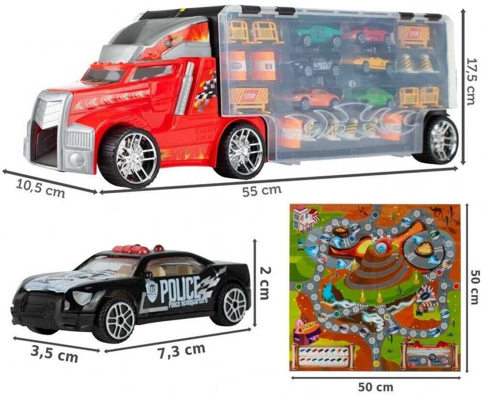 Malplay Žaislinis sunkvežimis su 6 automobiliais ir stalo žaidimo kilimėliu