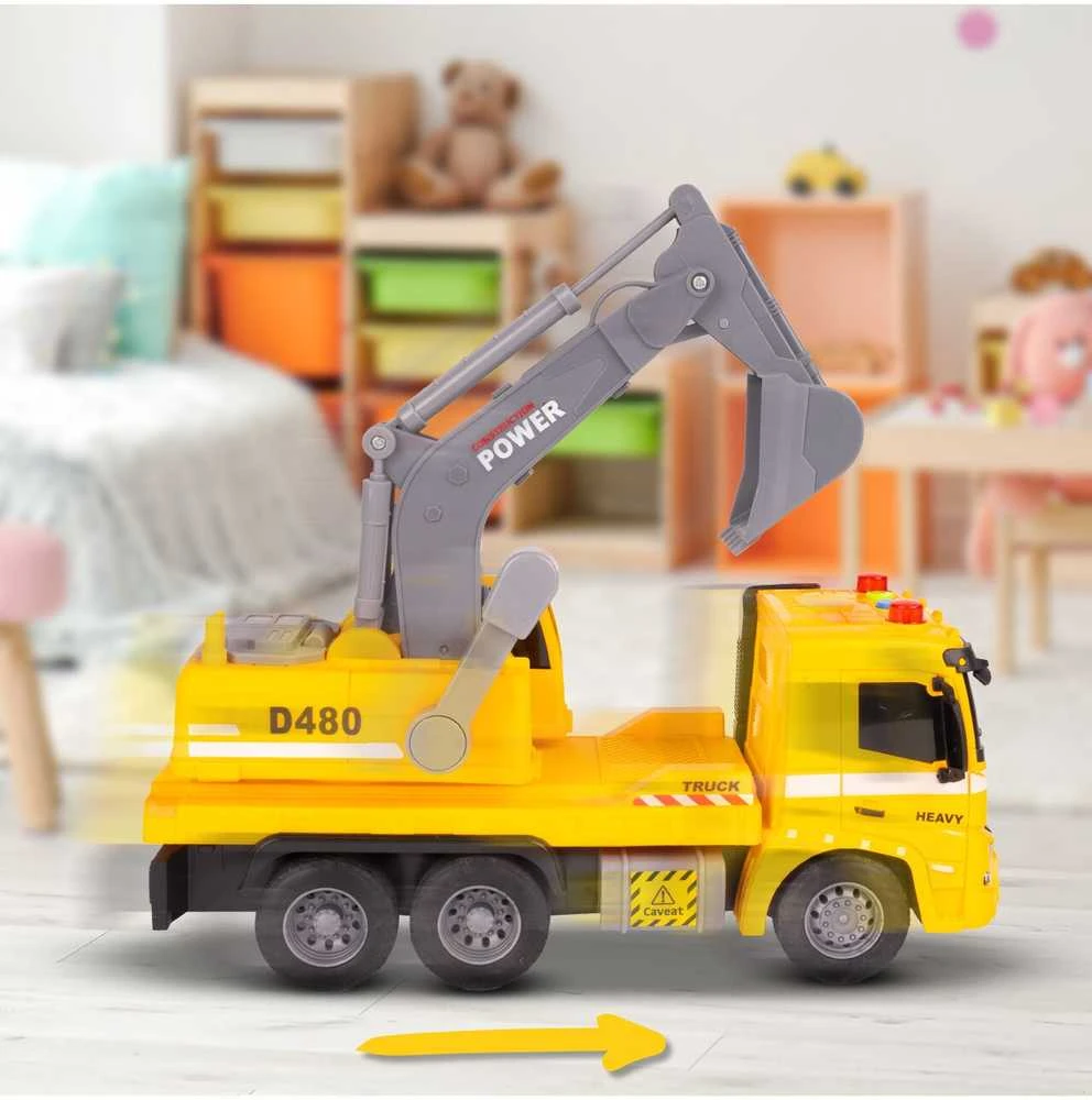 Malplay Žaislinis sunkvežimis su ekskavatoriumi, statybinis vilkikas, automobilis 1:16, šviesos, garsas